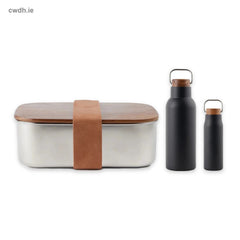 'Hill Walk' Kit – Recycled Steel Lunch Box with Acacia Lid, 580 ml Vacuum Bottle and 300 ml Vacuum Bottle in Black & Steel | Hospitality Trade Pack – what is in the kit