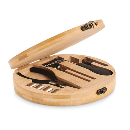 15-piece wooden tool set by Custom Wood Designs in a bamboo case, includes various hand tools for crafting and DIY projects