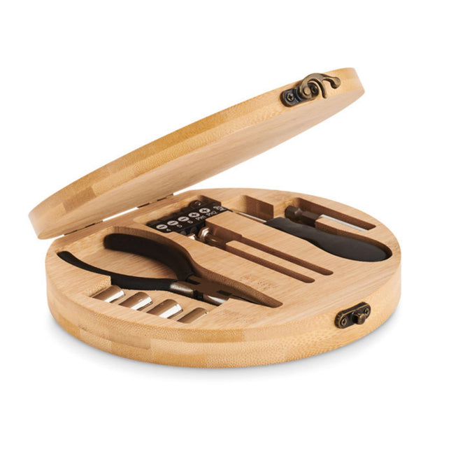 15-piece wooden tool set by Custom Wood Designs in a bamboo case, includes various hand tools for crafting and DIY projects