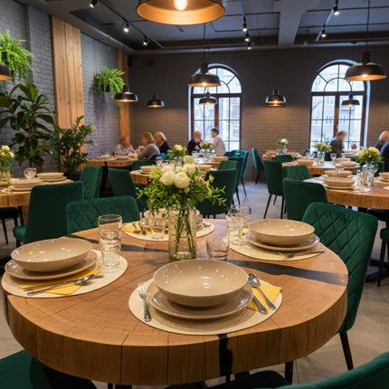Rustic Round solid oak dining table for hotels, restaurants and offices – made to order, logo engraving available