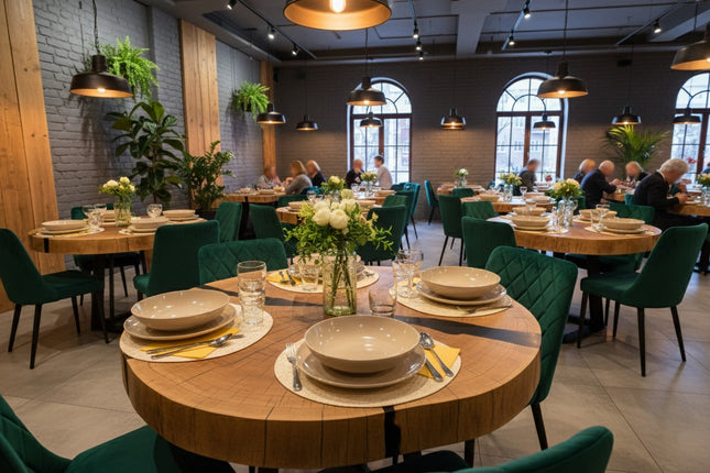 Rustic Round solid oak dining table for hotels, restaurants and offices – made to order, logo engraving available