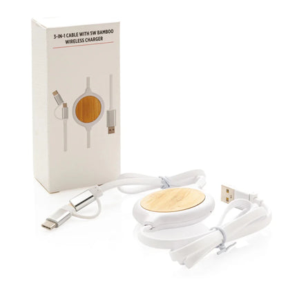 3-in-1 cable with 5W bamboo wireless charger - hospitality