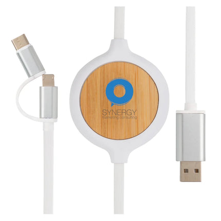 3-in-1 cable with 5W bamboo wireless charger - hospitality