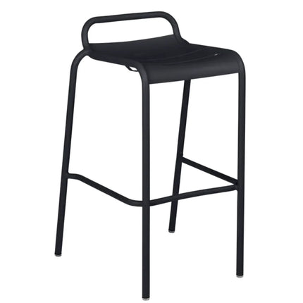 Blue Fermob Luxembourg bar stool with woven Acapulco-style seat