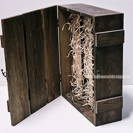 Rustic brown 3-bottle gift box by Custom Wood Designs with wood wool interior