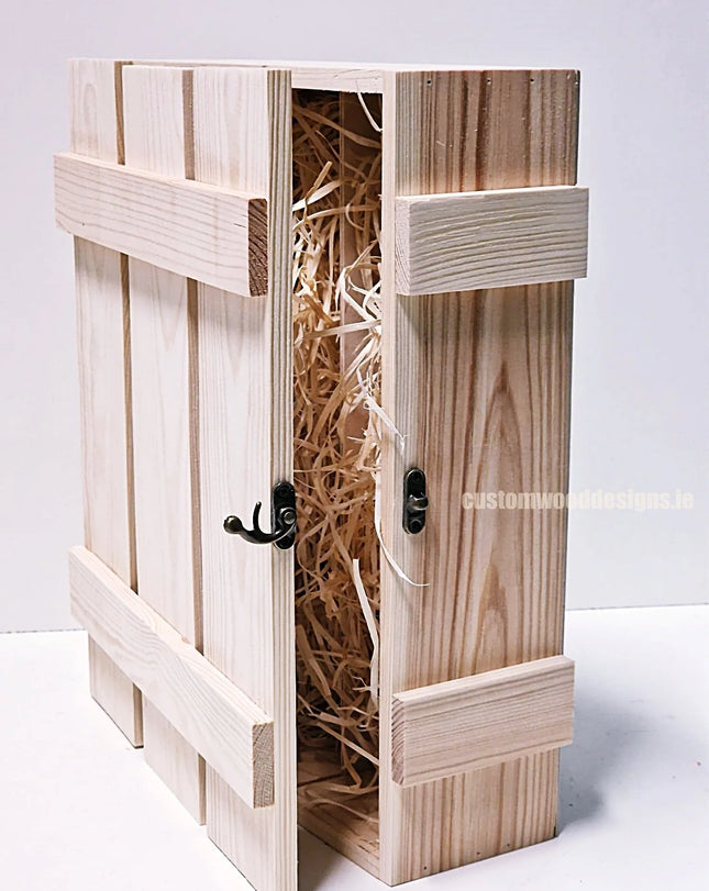 Rustic 3-bottle gift box by Custom Wood Designs with natural wood and wood wool for corporate wine gifting.