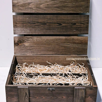 Rustic brown 3-bottle gift box by Custom Wood Designs with wood wool packaging