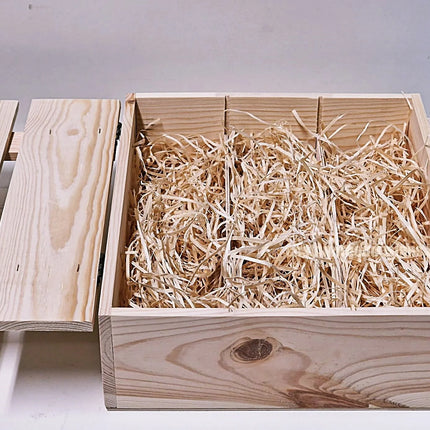 Rustic 3 bottle gift box with wood wool packaging by Custom Wood Designs