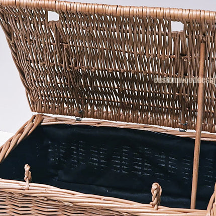 Wicker hamper basket by Custom Wood Designs, 40x28x17cm, natural woven wicker for storage or gifting purposes.