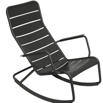 Red Fermob Luxembourg outdoor rocking chair with metal frame