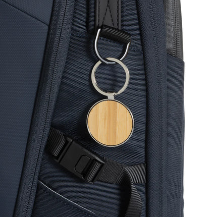 Recycled zinc alloy round keychain with bamboo accent from XD Collection