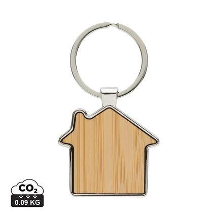 Recycled zinc alloy house keychain with bamboo detail from XD Collection
