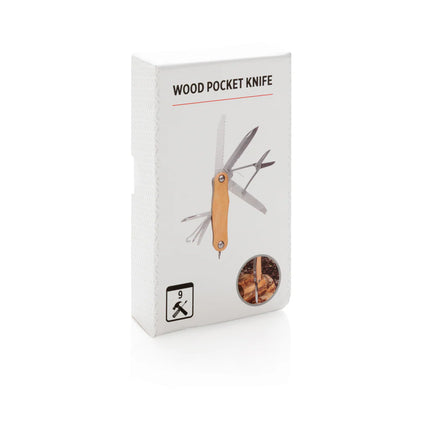  compact folding tool with wooden handle and stainless steel blade