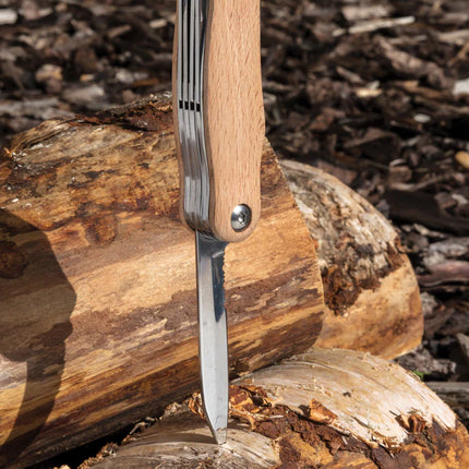  compact tool with wooden handle and blade