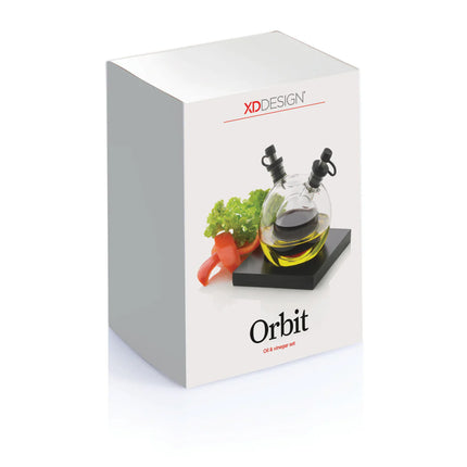 XD Design Orbit oil and vinegar set with glass bottles and stainless steel pour spouts for kitchen use