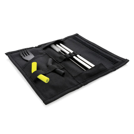  eco-friendly stainless steel utensils with carrying pouch for home and travel.