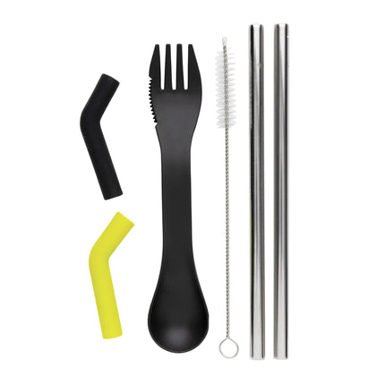  eco-friendly stainless steel utensils with reusable straw and compact carrying pouch.
