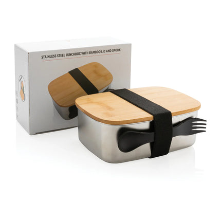 Stainless steel lunchbox with bamboo lid and spork from XD Collection