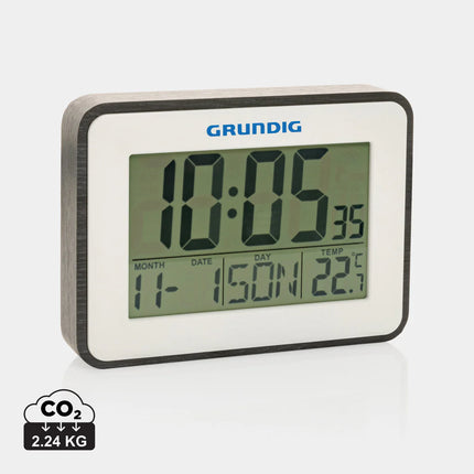 Grundig weather station alarm and calendar displaying digital screen with weather info