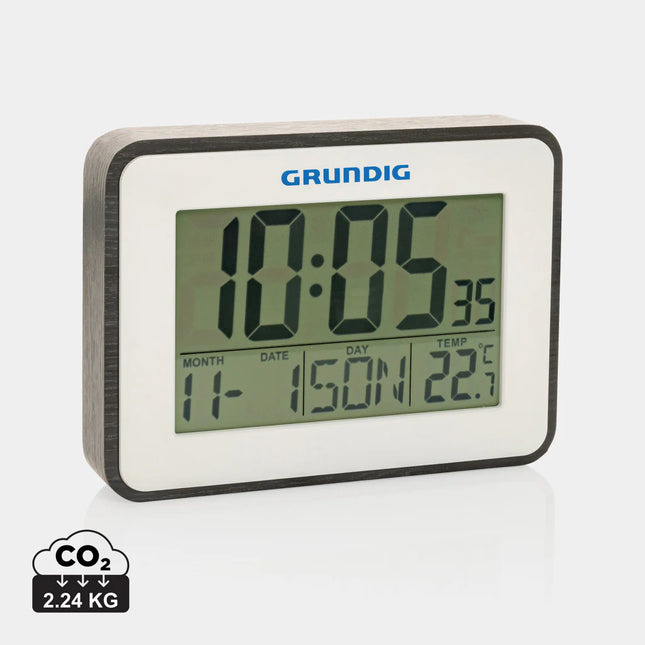 Grundig weather station alarm and calendar displaying digital screen with weather info