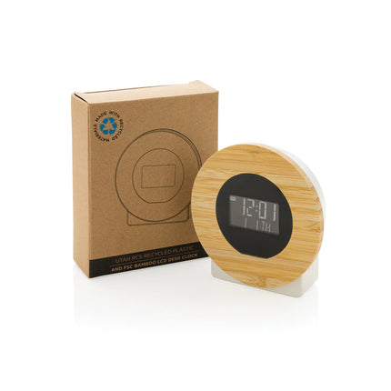 XD Collection Utah RCS plastic and bamboo LCD desk clock with phone and tablet stand in natural wood finish.