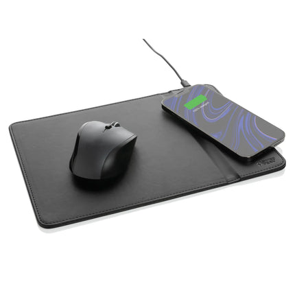 Swiss Peak RCS recycled PU 10W wireless charging mousepad with phone and tablet compatibility