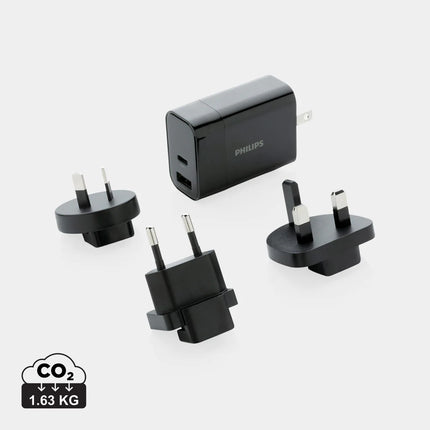 Philips ultra-fast PD travel charger for phones and tablets with USB-C port and compact design.