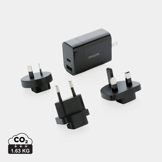 Philips ultra-fast PD travel charger for phones and tablets with USB-C port and compact design.