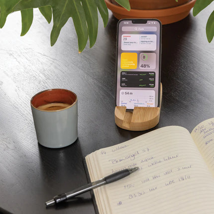 XD Collection bamboo tablet and phone holder showing a sleek wooden stand supporting a tablet and smartphone.