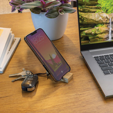 XD Collection Standkey bamboo keychain phone stand showing a compact