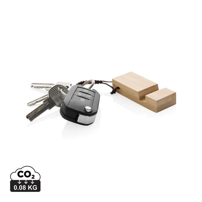 XD Collection bamboo keychain phone stand attached to a keychain