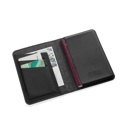 XD Collection Trackmate RCS polyester passport holder with RFID blocking for worldwide travel and secure identification.