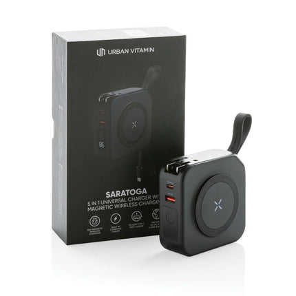 Urban Vitamin Saratoga 5-in-1 universal charger for phones and tablets with multiple charging ports and sleek design.