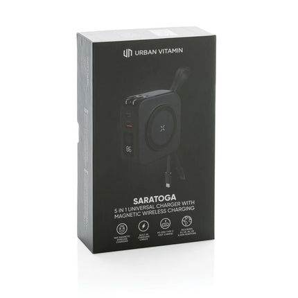 Urban Vitamin Saratoga 5-in-1 universal charger for phones and tablets with multiple charging ports and compact design.