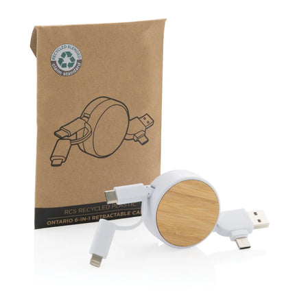 XD Collection RCS recycled plastic Ontario 6-in-1 retractable cable for phones and tablets with multiple charging and data transfer ports.