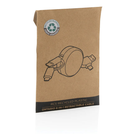 Recycled plastic Ontario 6-in-1 retractable cable for phone and tablet accessories by XD Collection