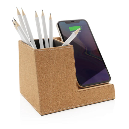 Cork pen holder with built-in 5W wireless charger for phones and tablets