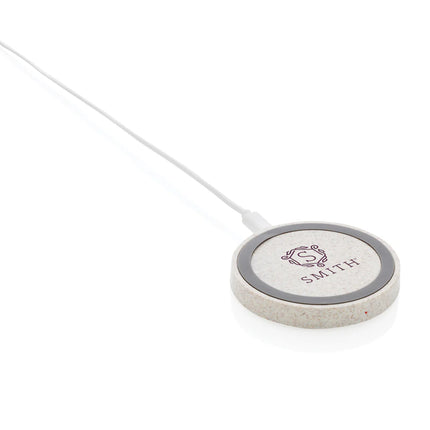 Wheat straw round wireless charging pad by XD Collection with 5W power for phones and tablets
