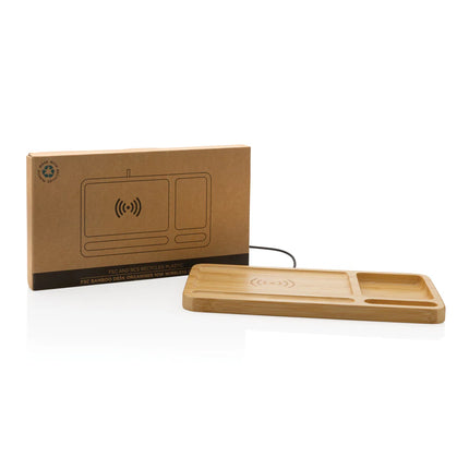 Bamboo desk organiser with 10W wireless charger for phones and tablets