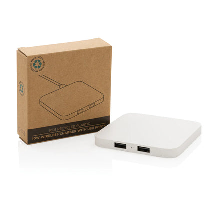 XD Collection RCS recycled plastic 10W wireless charger with USB ports for phones and tablets
