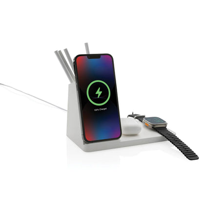 XD Xclusive Ontario recycled plastic and bamboo 3-in-1 wireless charger for phone and tablet
