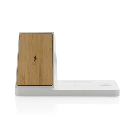 XD Xclusive Ontario recycled plastic and bamboo 3-in-1 wireless charger for phones and tablets