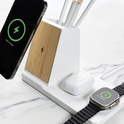 XD Xclusive Ontario recycled plastic and bamboo 3-in-1 wireless charger for phones and tablets