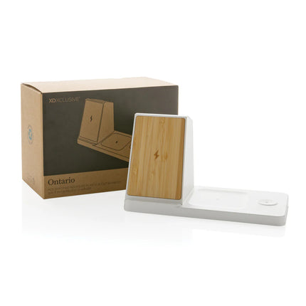 XD Xclusive Ontario recycled plastic and bamboo 3-in-1 wireless charger for phones and tablets