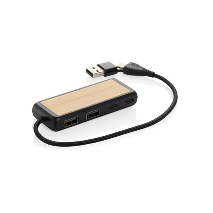 XD Collection Link RCS recycled plastic and bamboo USB hub with dual input ports for phones and tablets