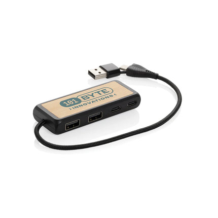 XD Collection Link RCS recycled plastic and bamboo USB hub for phone and tablet with dual input ports on a sleek design.
