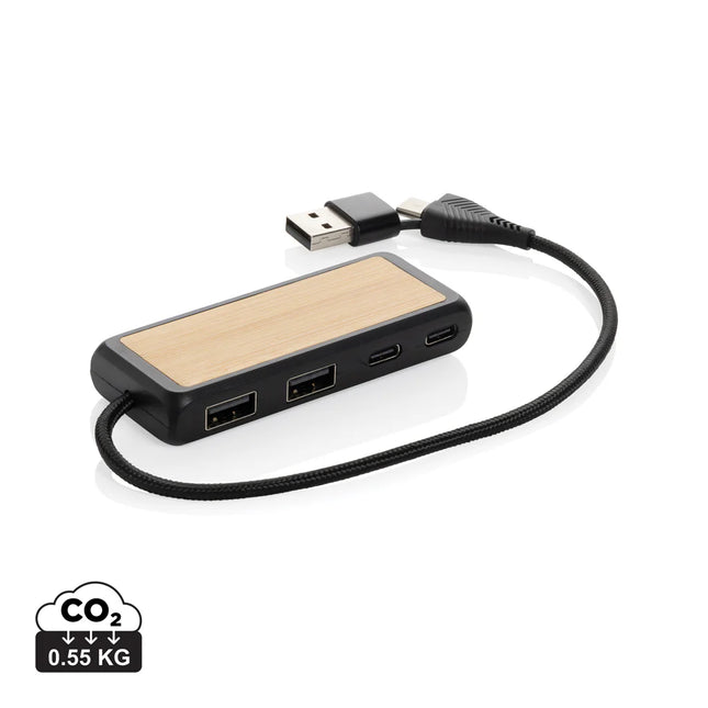 XD Collection Link RCS recycled plastic and bamboo USB hub with dual input ports for phone and tablet accessories.