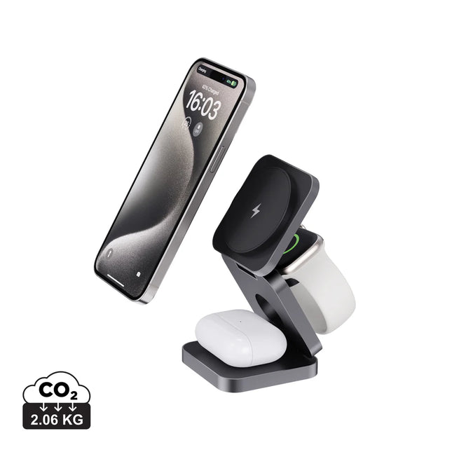 XD Xclusive Terra RCS recycled aluminum foldable 3-in-1 15W charger for phones and tablets