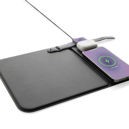 Swiss Peak RCS recycled PU 15W 3-in-1 charging mousepad with phone and tablet charging ports