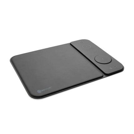 Swiss Peak RCS recycled PU 15W 3-in-1 charging mousepad for phone and tablet with wireless charging and sleek design.